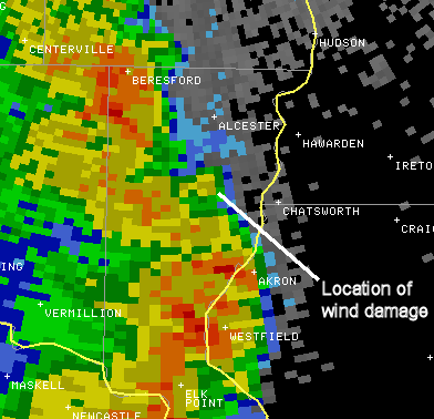 Radar imagery at the time straight-line wind damage occurred at a farm in Union County, SD on May 23, 2006.
