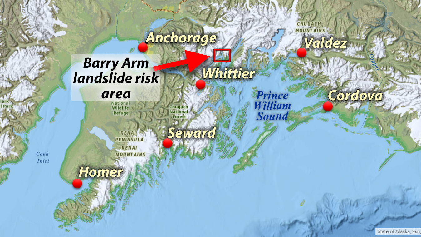 Map showing location of Barry Arm and Prince William Sound in Southcentral Alaska