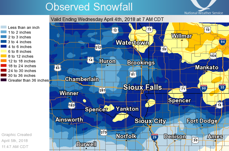 Map of observed snowfall for April 2-3, 2018