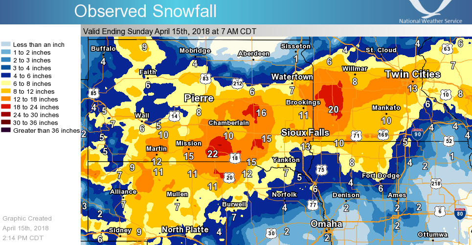 Regional 3-Day snowfall map from the April 13-15, 2018 Blizzard