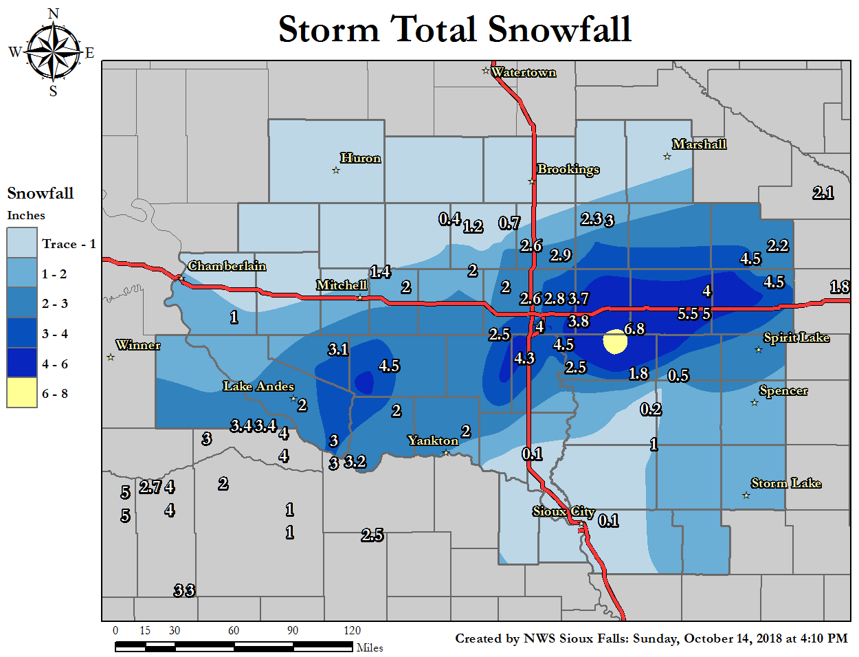 Map of snowfall on October 14, 2018