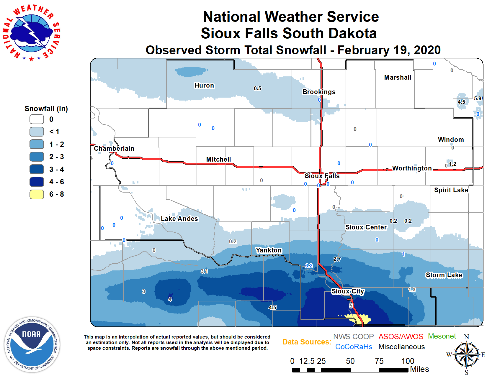 Map of Observed Snowfall for February 18-19, 2020
