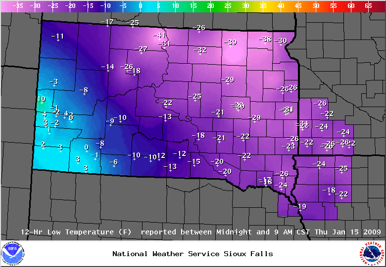 Map of low temperatures for January 15, 2009