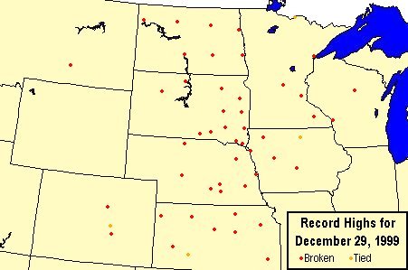 Map showing locations of record high temperatures on December 29, 1999