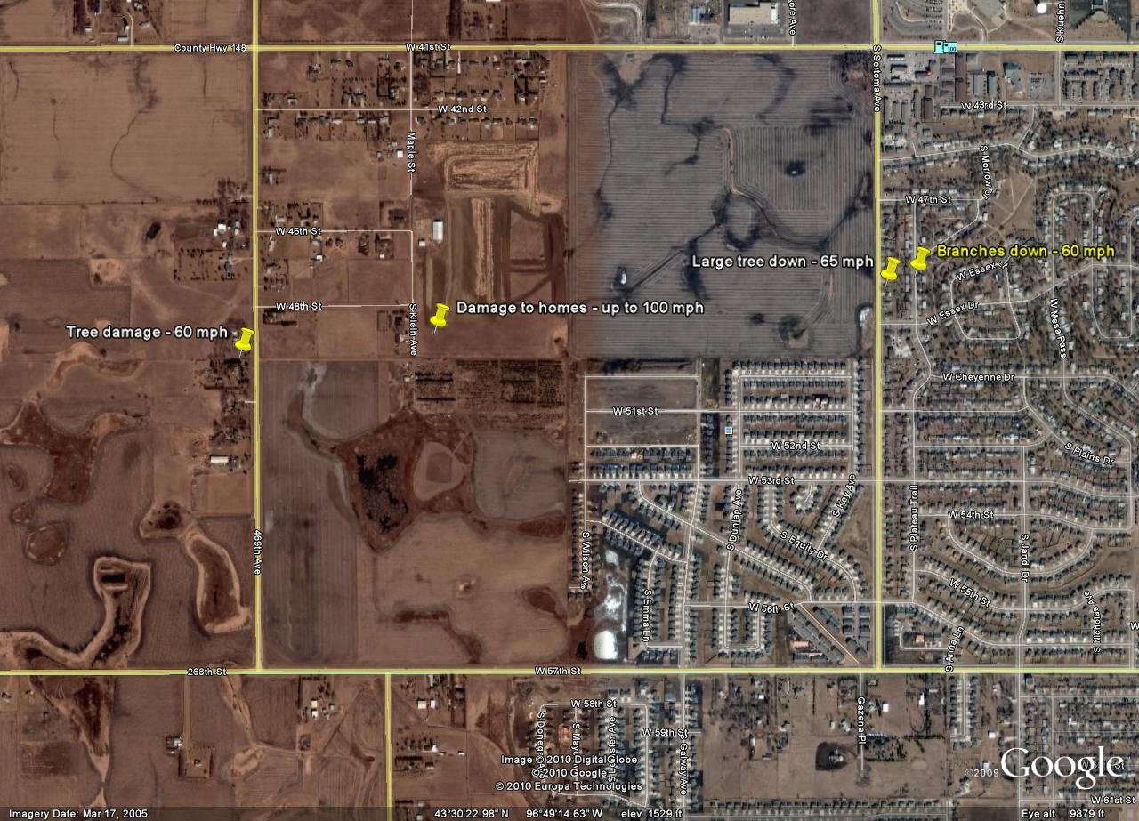 Map of location of wind damage with a microburst in southwest Sioux Falls.