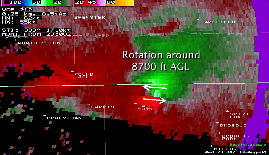 Storm relative velocity image at 608 pm CDT