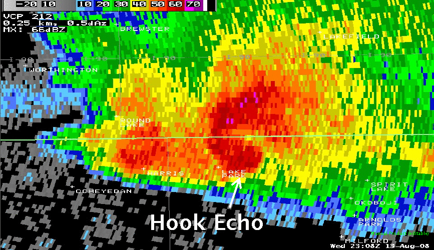 Radar reflectivity image at 608 pm featuring a distinct hook echo