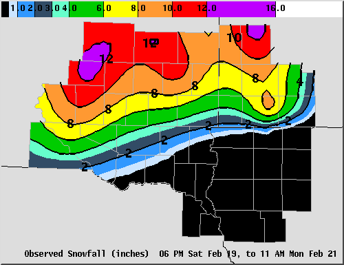 Map of snowfall reports for February 20-21, 2011