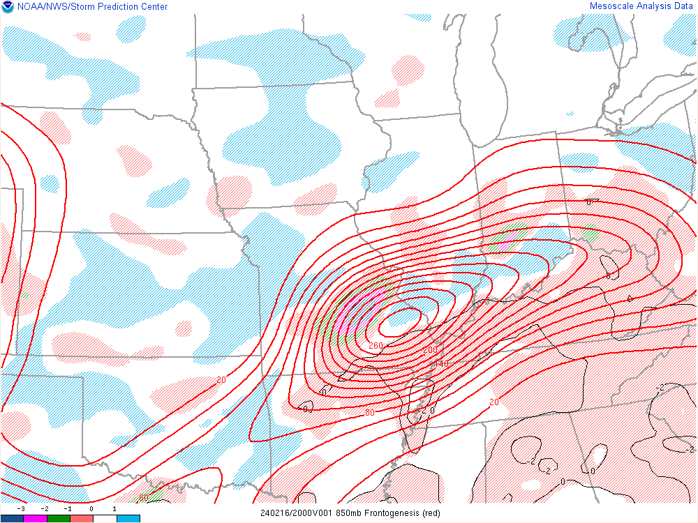 Environment - 850mb Frontogenesis and EPV at 3 PM EST showing some instability (negative EPV) and frontogenesis over the area