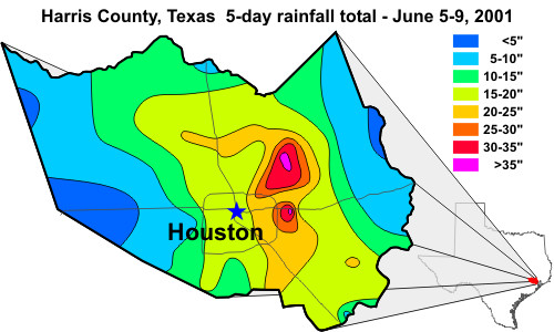 5-day rainfall total for Harris County, Texas, June 5-9, 2001