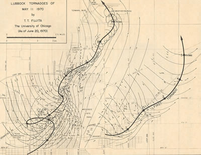 Map of two tornadoes that tracked across Lubbock on May 11, 1970. Click on the map for a larger view.