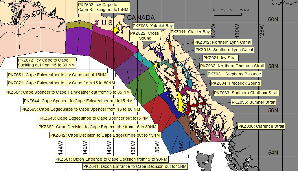 map showing marine forecast zones near Juneau, AK