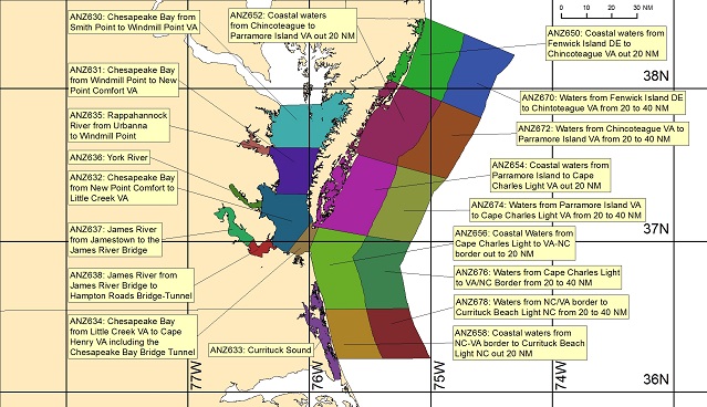 map showing marine forecast zones near Wakefield, VA