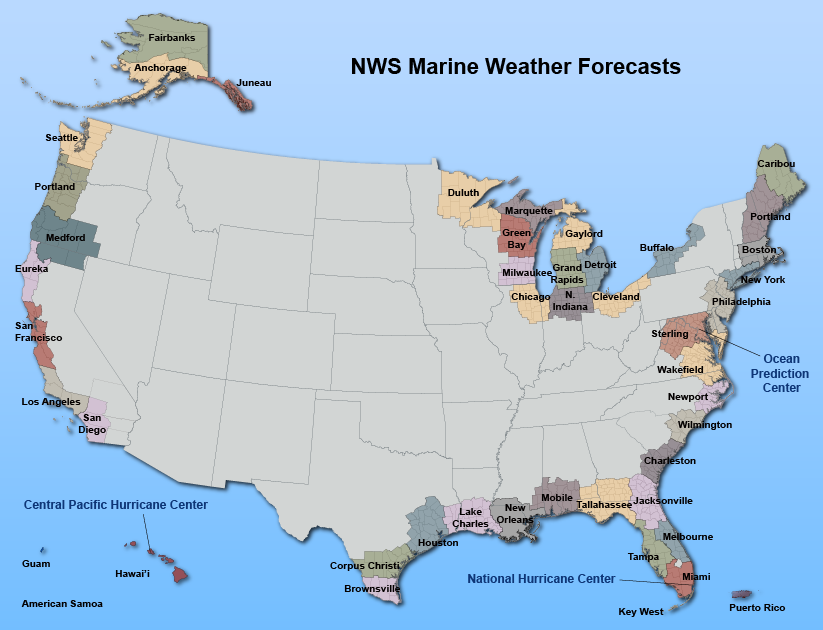 map showing National Weather Service Offices, highlighting those that issue marine weather forecasts