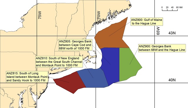 map showing offshore marine forecast zones off the New England coast