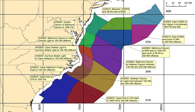 map showing offshore marine forecast zones off the Mid Atlantic coast