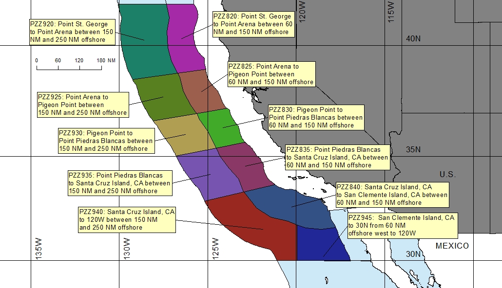 map showing offshore marine forecast zones off the California coast