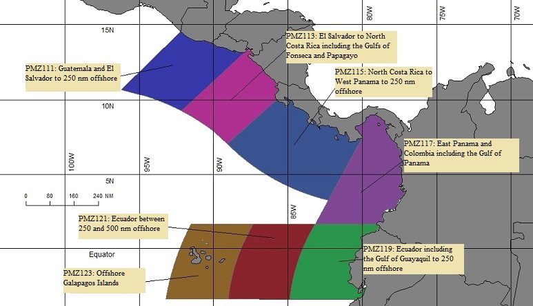 map showing offshore marine forecast zones for the Eastern Pacific Ocean