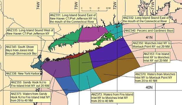 map showing marine forecast zones near New York, NY