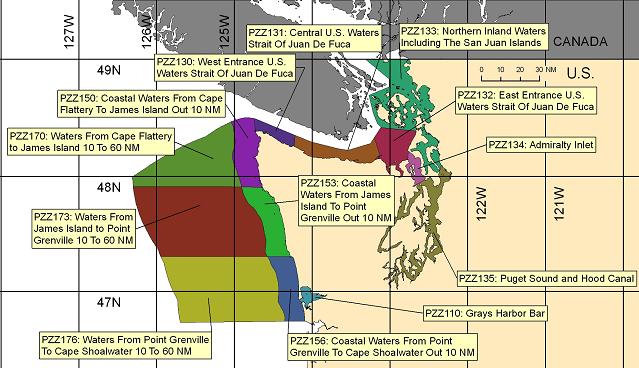 map showing marine forecast zones near Seattle, WA