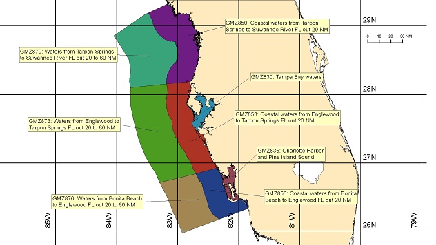 map showing marine forecast zones near Tampa, FL
