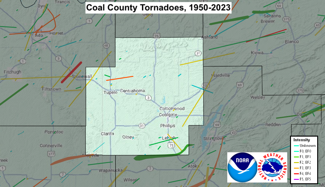 Tornado Track Map for Coal County, OK
