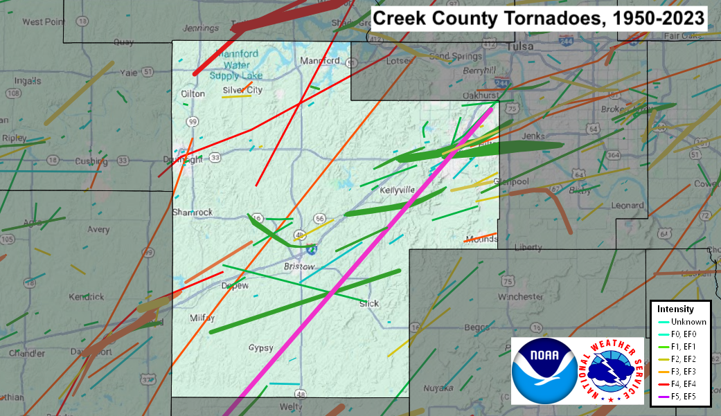 Tornado Track Map for Creek County, OK