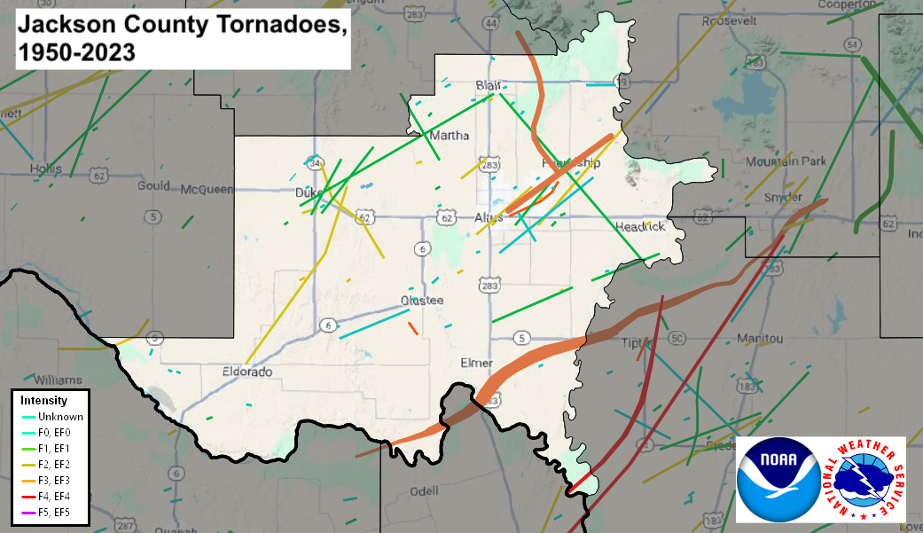 Tornado Track Map for Jackson County, OK