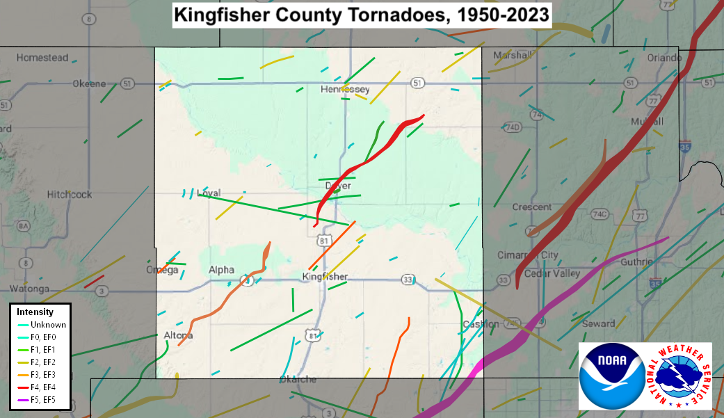 Tornado Track Map for Kingfisher County, OK