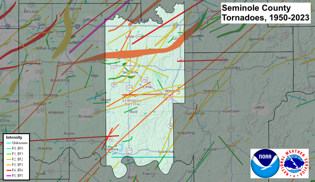Tornado Track Map for Seminole County, OK