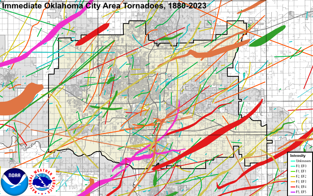 Figure #5: Tracks of All Recorded Tornadoes Occurring Wholly or Partly within the Immediate Oklahoma City, Oklahoma area, 1890-Present