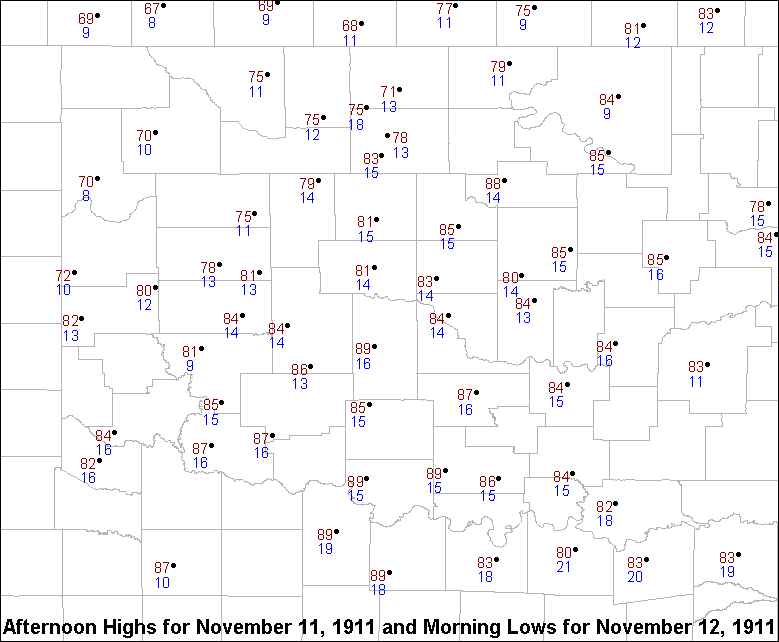 Afternoon Highs and Morning Lows for November 11-12, 1911