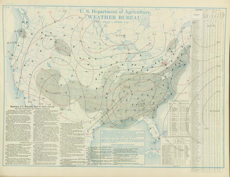 U.S. Weather Bureau Surface Analysis at 7:00 am CST (1300 UTC) on April 17, 1912.