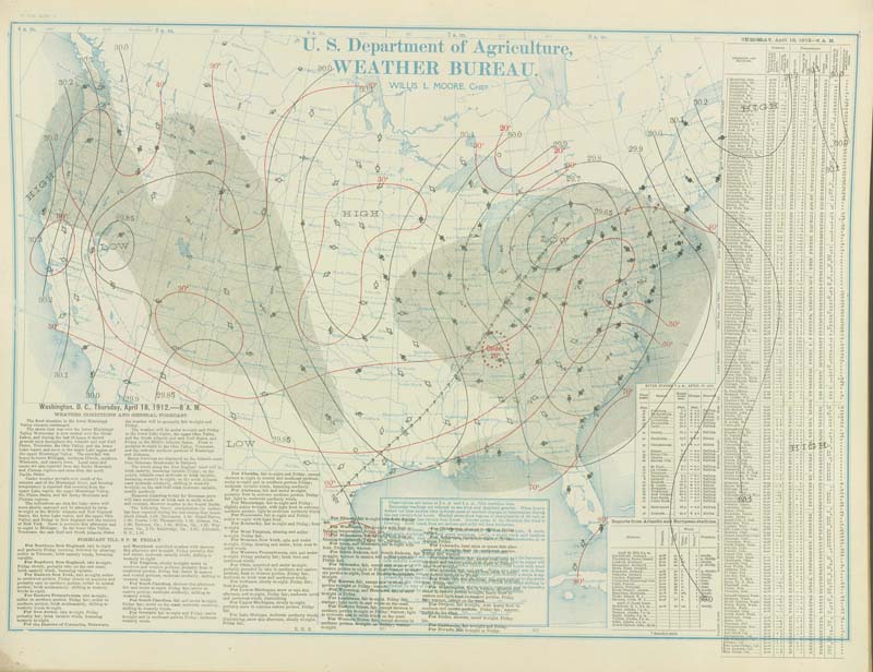 U.S. Weather Bureau Surface Analysis at 7:00 am CST (1300 UTC) on April 18, 1912.