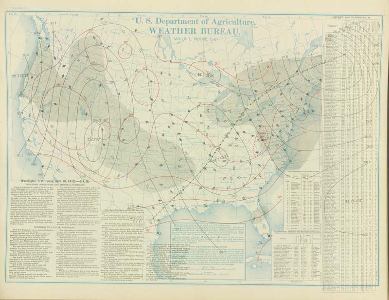 U.S. Weather Bureau Surface Analysis at 7:00 am CST (1300 UTC) on April 19, 1912.