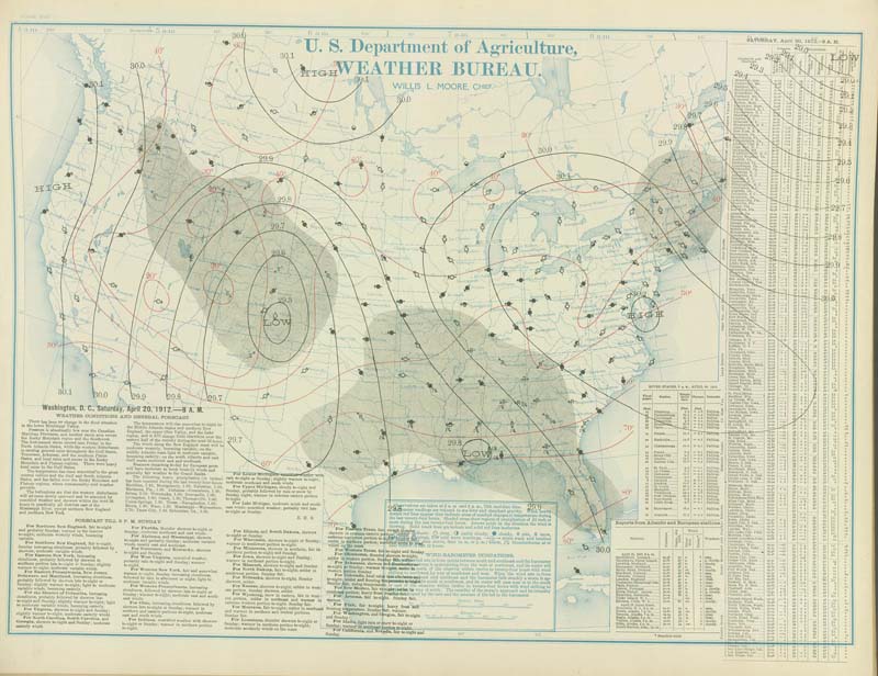 U.S. Weather Bureau Surface Analysis at 7:00 am CST (1300 UTC) on April 20, 1912.
