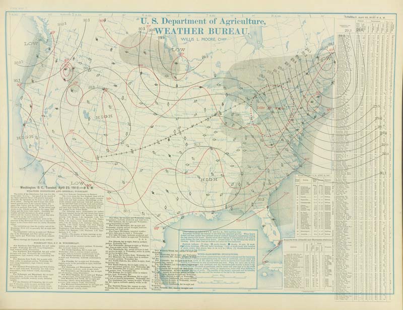 U.S. Weather Bureau Surface Analysis at 7:00 am CST (1300 UTC) on April 23, 1912.
