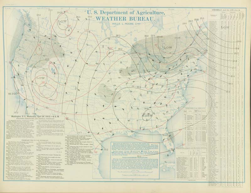 U.S. Weather Bureau Surface Analysis at 7:00 am CST (1300 UTC) on April 24, 1912.