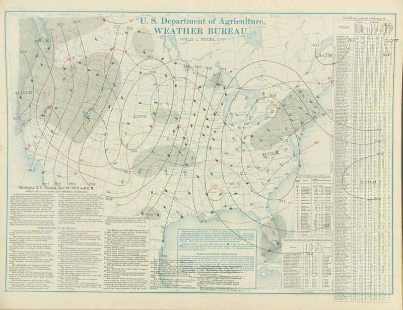 U.S. Weather Bureau Surface Analysis at 7:00 am CST (1300 UTC) on April 25, 1912.