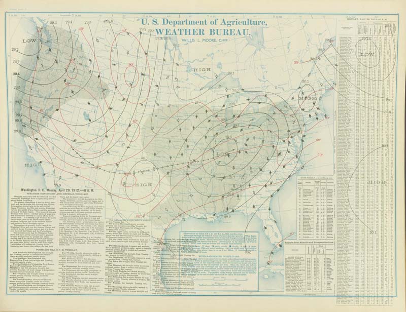 U.S. Weather Bureau Surface Analysis at 7:00 am CST (1300 UTC) on April 29, 1912.