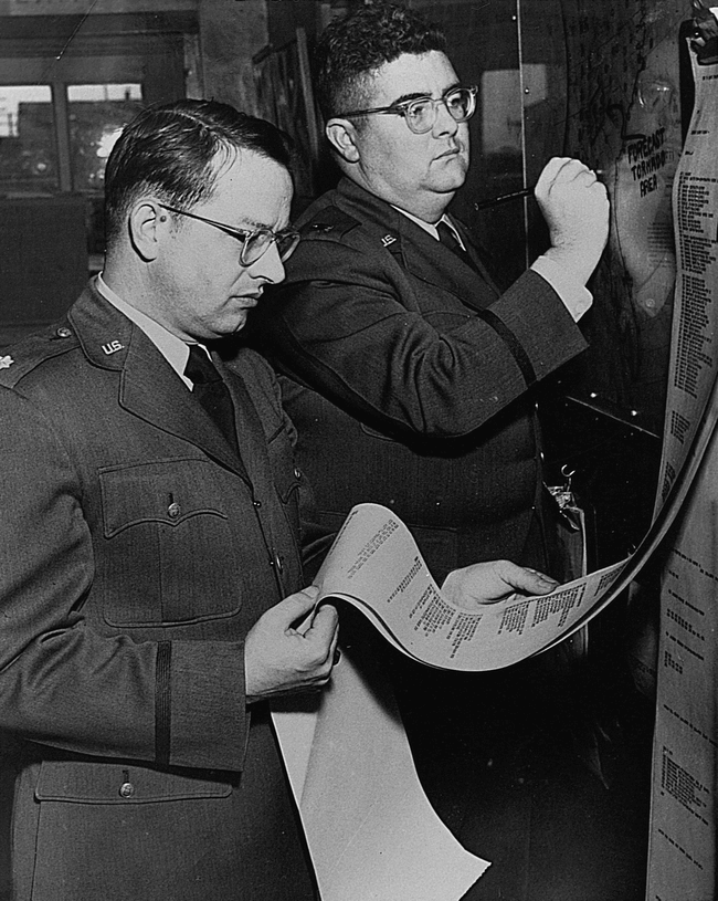 Lieutenant Colonel Ernest J. Fawbush (left) and Captain Robert C. Miller (right). [Official USAF photo, circa 1951, courtesy Cynthia (Fawbush) Goff.]