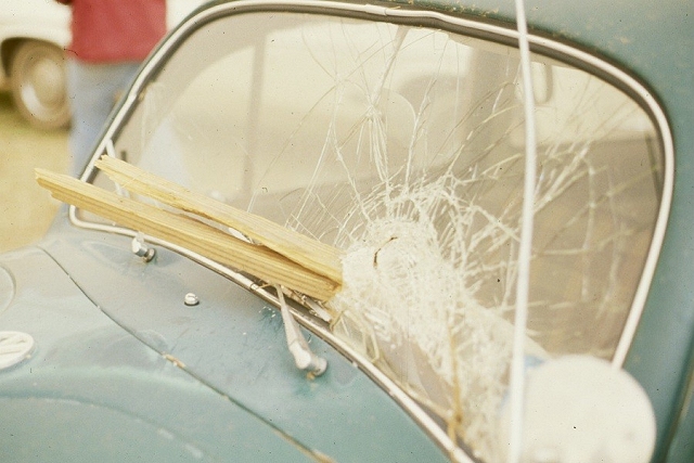 Two-by-four board impaled through a car windshield south of Davidson, Oklahoma.