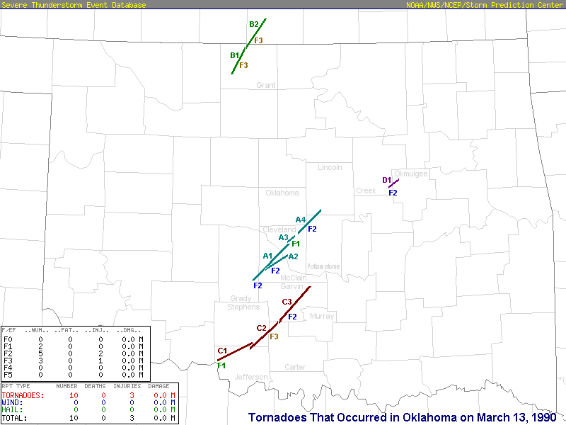 Tornadoes That Occurred in Oklahoma on March 13, 1990