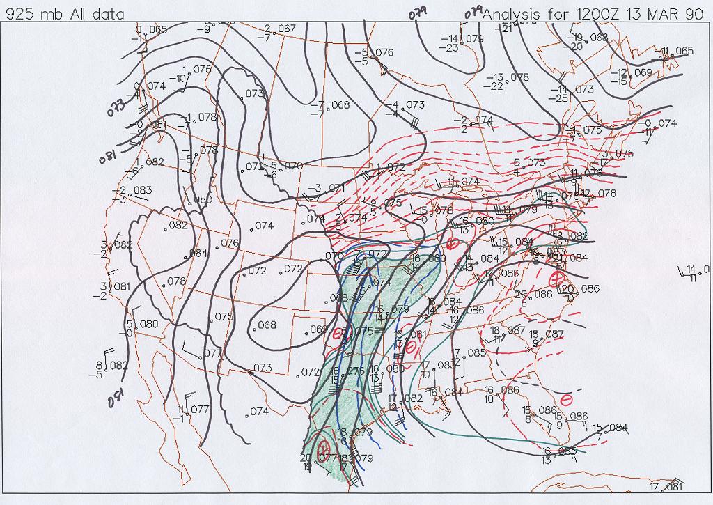 925 mb Map at 6 AM CST, March 13, 1990