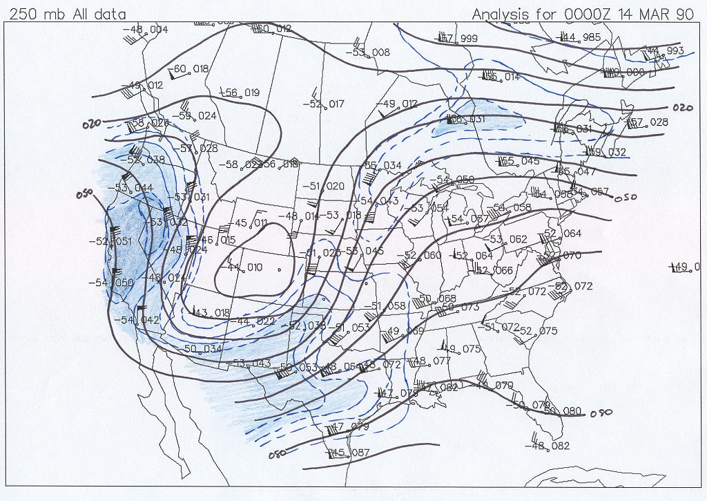250 mb Map at 6 PM CST, March 13, 1990