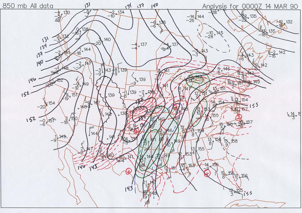 850 mb Map at 6 PM CST, March 13, 1990