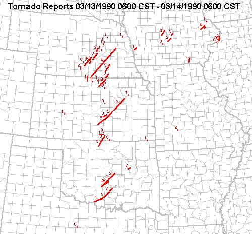 Approximate Tornado Paths for the March 13, 1990 Tornado Outbreak