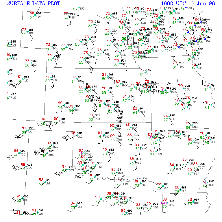 Surface Observations Map at 11 AM CDT, June 13, 1998