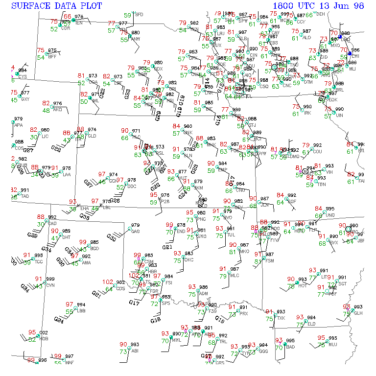 Surface Observations Map at 1 PM CDT, June 13, 1998