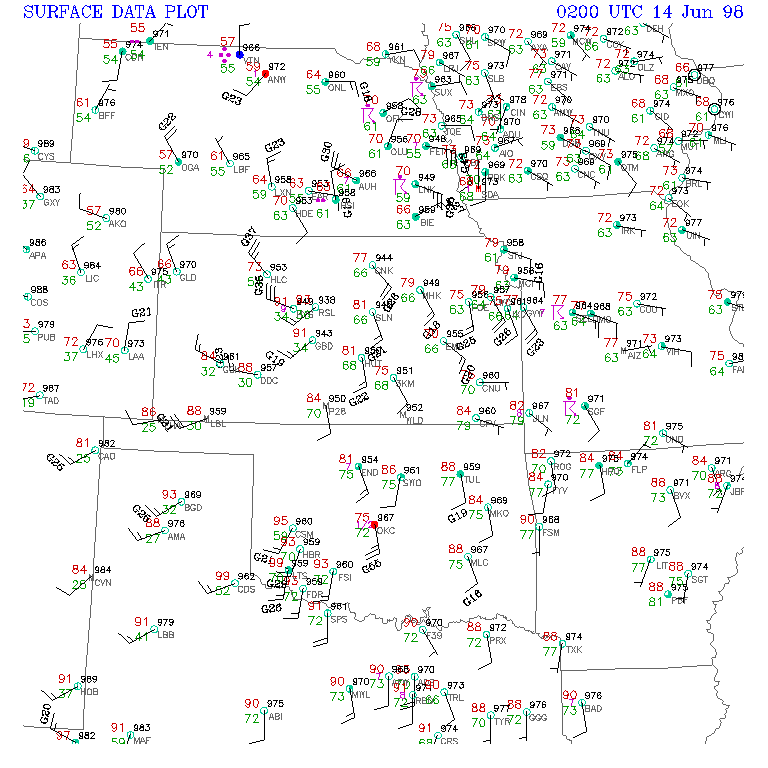 Surface Observations Map at 9 PM CDT, June 13, 1998